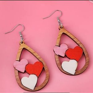 Wooden Double Sided Three Heart Waterdrop Shape Earrings Women Valentine's Day